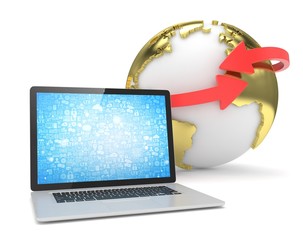 Laptop network and earth globe. 3d rendering.