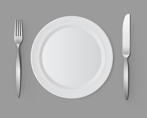 Vector White Empty Flat Round Plate with Fork and Knife Top View Isolated on Background. Table Setting