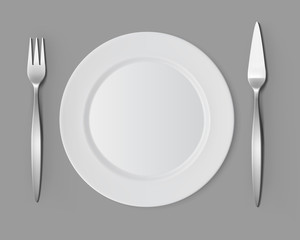 Vector White Empty Flat Round Plate with Fish Fork and Fish Knife Top View Isolated on Background. Table Setting