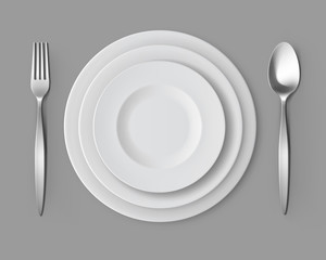 Vector Set of White Empty Round Plates with Fork and Spoon Top View Isolated on Background. Table Setting