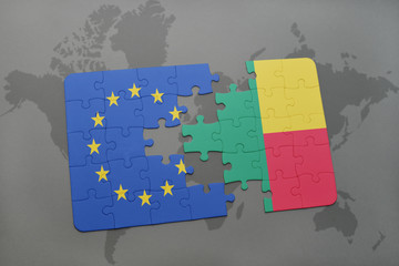 puzzle with the national flag of european union and benin on a world map background.