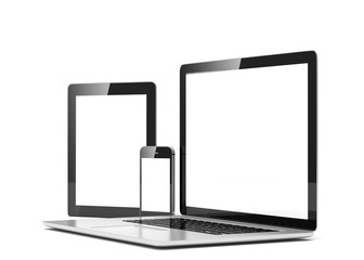 laptop, tablet, phone, on white. 3d rendering.