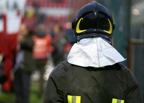 Firefighter with riot helmet for the security service in the Sta