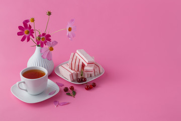 light breakfast or lunch , cherry, berries and black tea on the