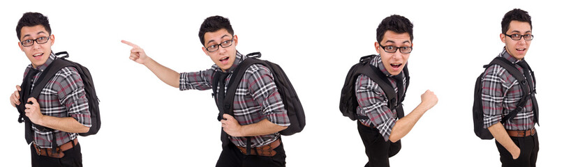 Fototapeta premium Young employee with backpack isolated on white