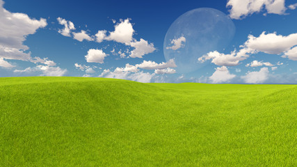 Obraz na płótnie Canvas Moon and spring green meadow Nature 3D rendering