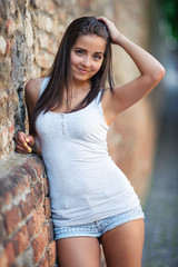 Beautiful young woman smiling and standing on the brick wall