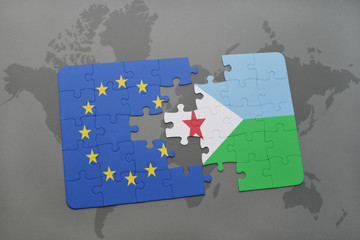 puzzle with the national flag of european union and djibouti on a world map background.