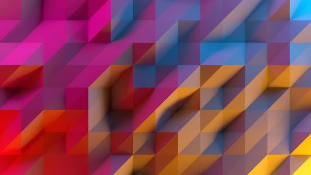 Abstract animation of low poly triangles. 3D render video. Red, purple, orange and blue lighting.

