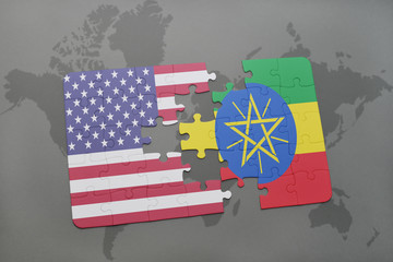 puzzle with the national flag of united states of america and ethiopia on a world map background.