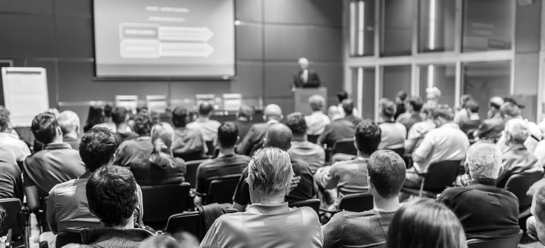 Trade Union Advisory Committee Meeting . Audience At The Conference Hall. Black And White Image.