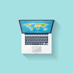World map on the computer. Flat style. Navigation. Travel and tourism. Roupe planning. Vector illustration.