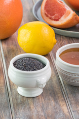Ingredients for grapefruit salad with poppy seed honey lemon dressing.