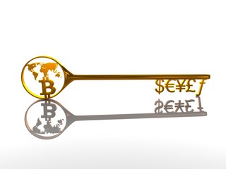 golden key with symbols and Bitcoin currency on a white background, 3d illustration