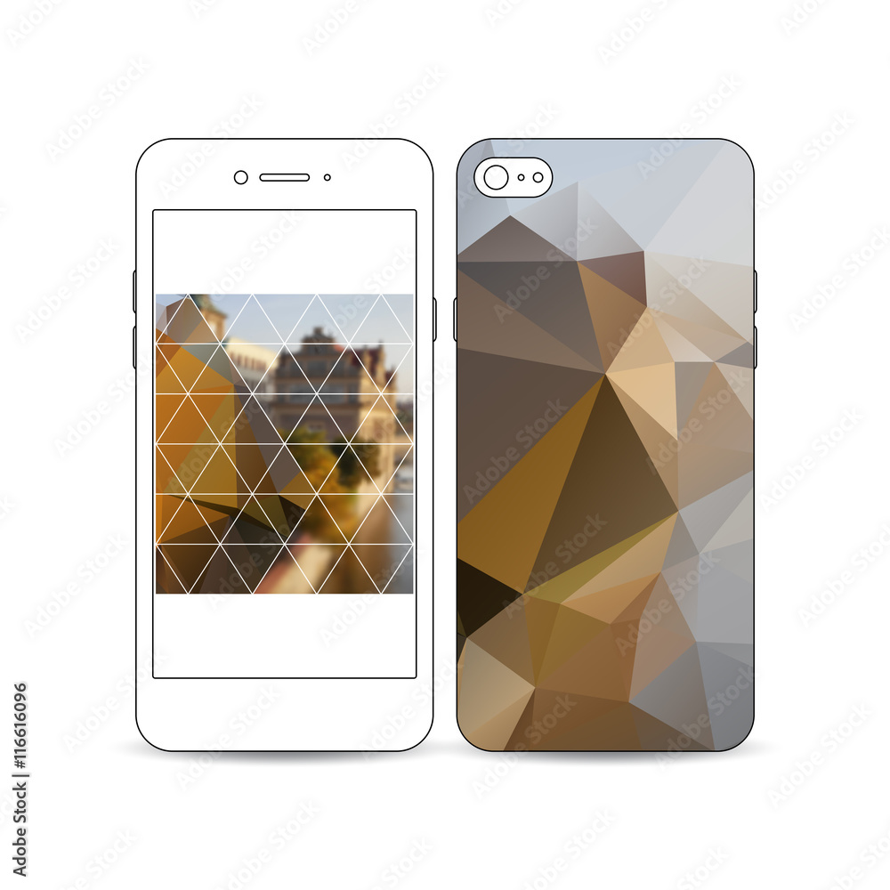 Poster mobile smartphone with an example of the screen and cover design isolated on white. polygonal backgr