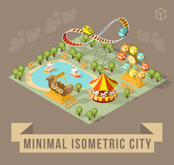 Set of Isolated Isometric Minimal City Elements. Theme Park with Shadows on Dark Background.