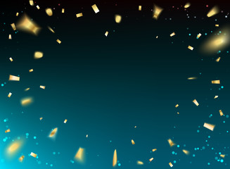 Golden confetti over blue background. Black space abstraction. Merry Christmas card. Vector illustration.