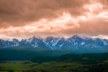 Fototapeta premium beautiful landscape of mountains and steppe on sunset background
