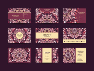 Business cards big set. Vector vintage design Floral mandala pattern and ornaments. Oriental design Layout. Islam, Arabic, Indian, ottoman motifs. Front page and back page.