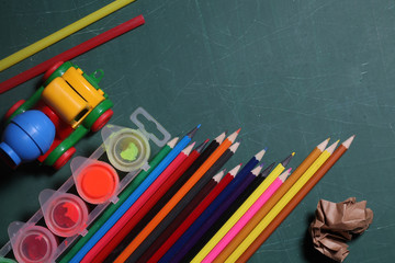 school stationery on desk