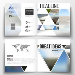 Set of square design brochure template. Abstract colorful polygonal background, natural landscapes, geometric, triangular style vector illustration