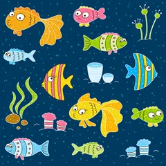 Gordijnen Naadloos patroon met schattige cartoonvissen © evgeniya_m