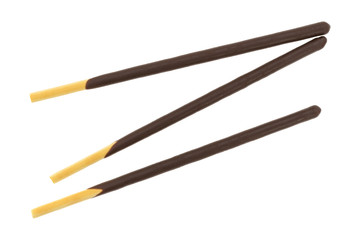 Chocolate on a cookie sticks isolated on a white background.