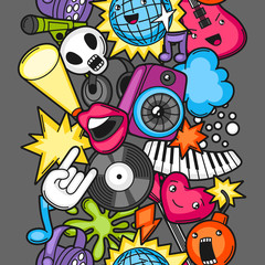 Music party kawaii seamless pattern. Musical instruments, symbols and objects in cartoon style