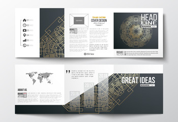 Set of tri-fold brochures, square design templates. Round golden technology pattern on dark background, mandala template with connecting lines and dots, connection structure. Digital scientific vector