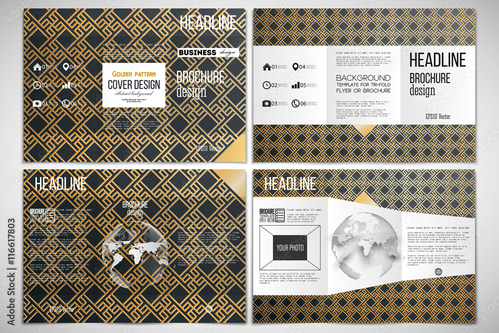 Aufkleber set of tri-fold brochure design template on both sides with world globe element. islamic gold patter