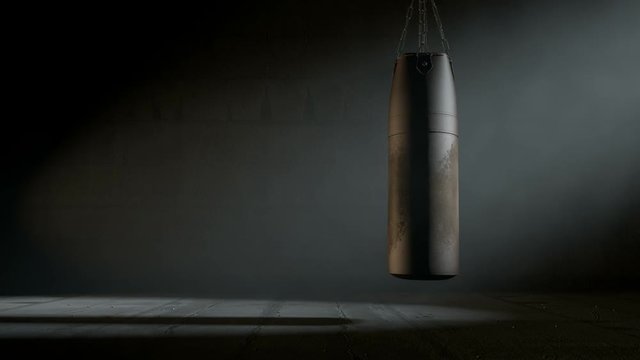An animated  3D render of an old worn vintage leather punching bag swaying slightly in a room dark room lit by an ethereal spotlight