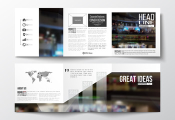 Set of tri-fold brochures, square design templates with world map. Leaflet cover, abstract geometric background, business layout.