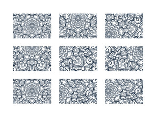 Business cards big set. Vector vintage design Floral mandala pattern and ornaments. Oriental design Layout. Islam, Arabic, Indian, ottoman motifs. Front page and back page.
