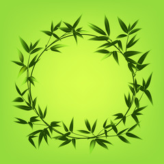 Bamboo leaves frame over green background. Circle border of bamboo tree. Vector illustration.