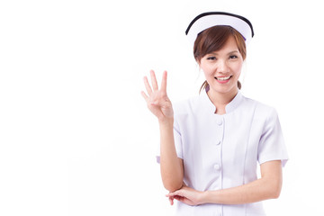 happy asian nurse pointing up 4 fingers