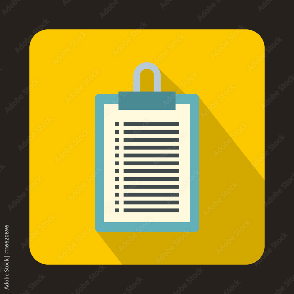 Poster clipboard with blank checklist form icon in flat style on a yellow background