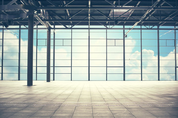 airport terminal room over blue sky and clouds - obrazy, fototapety, plakaty