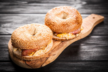 Bagel with bacon and egg