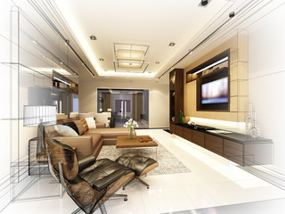 sketch design of living ,3d wire frame rendering