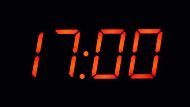End of the working hours in 5 PM, digital timer showing 17:00
