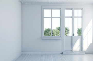 Fototapeta na wymiar Empty monochromatic white room with entrance