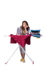 Woman ironing clothing isolated on white