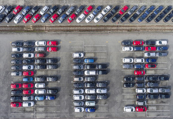 Aerial view lot of vehicles on parking for new car.