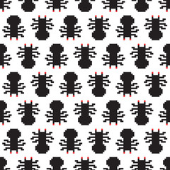 Pixel art style spiders seamless vector pattern white