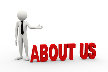 3d businessman with word about us