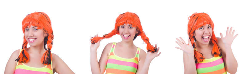 Woman with colourful wig isolated on white