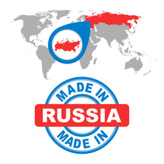 Made in Russia stamp. World map with red country. Vector emblem in flat style on white background.