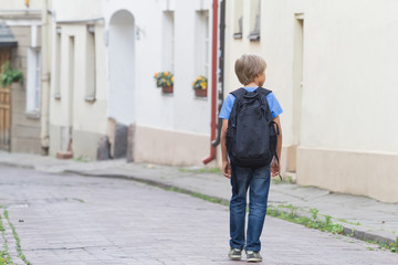 Fototapeta na wymiar Little pretty schoolboy walking in the street with his backpack. People education, back to school, travel, leisure concept