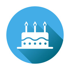 Birthday cake flat icon. Fresh pie muffin on blue round background