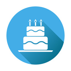 Birthday cake flat icon. Fresh pie muffin on blue round background
